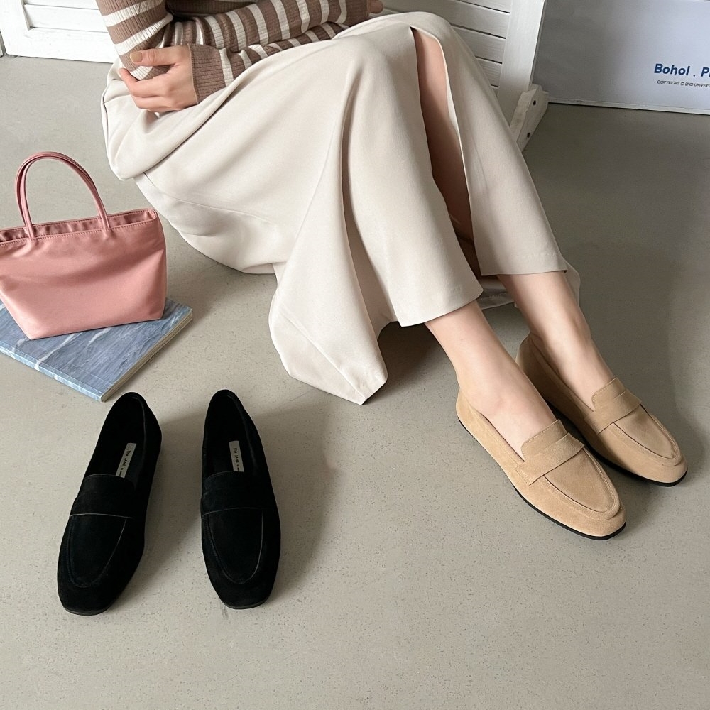 여자 천연 소가죽 스웨이드 발편한 페니 단화 로퍼