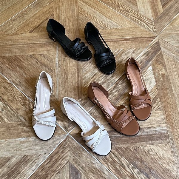 라운드토 꼬임 스트랩 사이드 오픈 천연 소가죽 여름 플랫슈즈