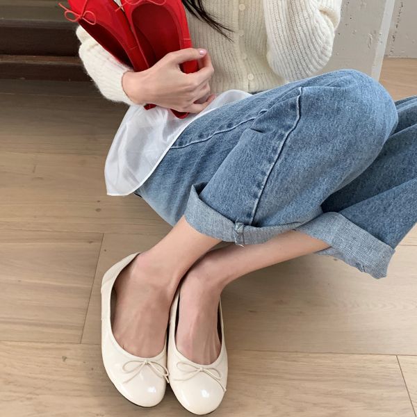 쿠션플랫 에나멜 발편한 몰드창 리본 여성단화 플랫슈즈