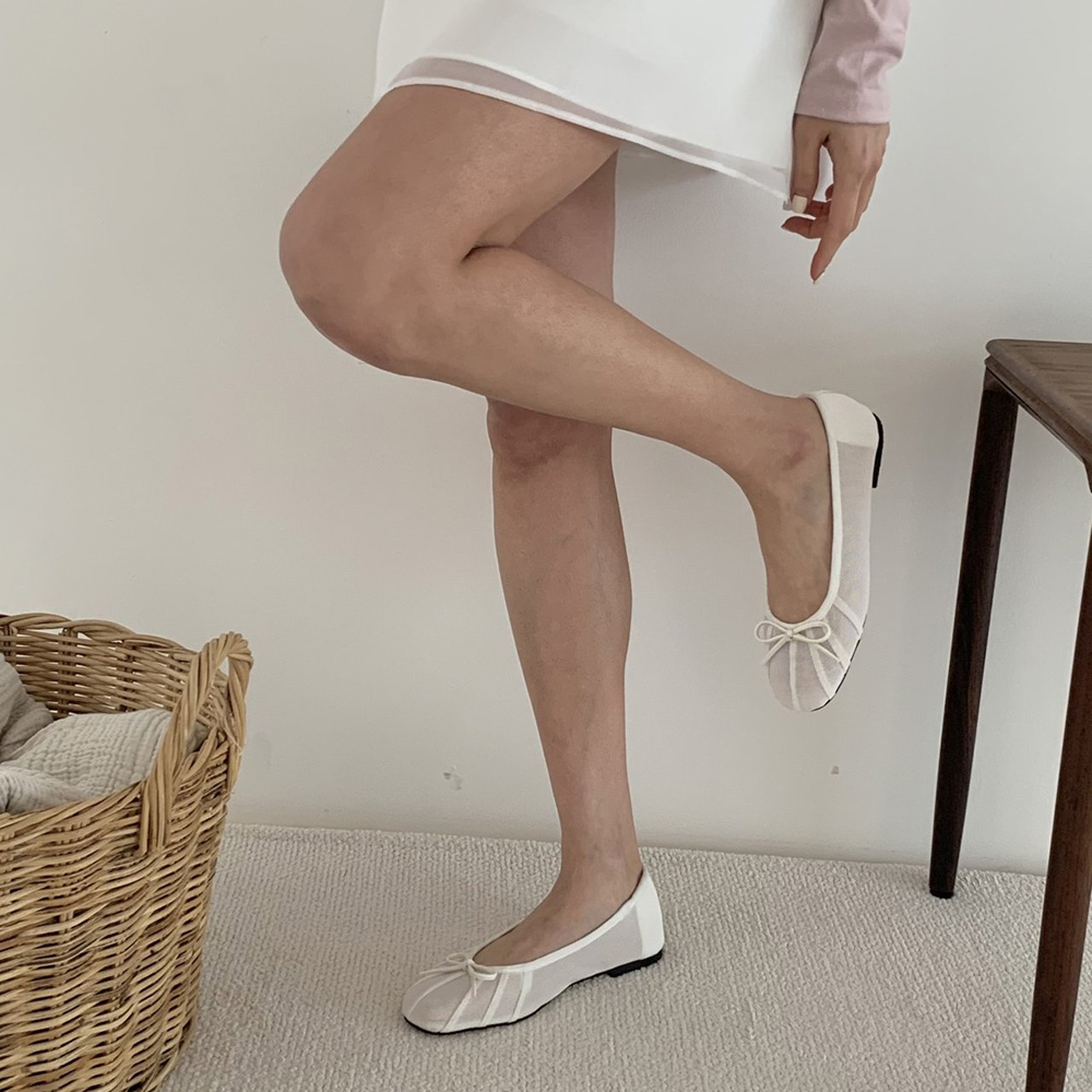 메쉬 망사 시스루 리본 셔링 여자플랫슈즈 쿠션플랫