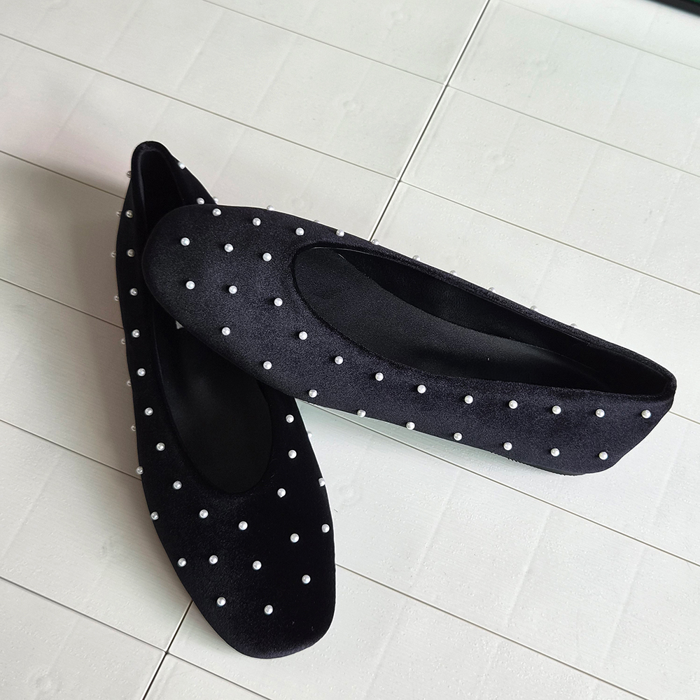 여성 진주 플랫슈즈 스퀘어토 벨벳 발편한 1cm 단화